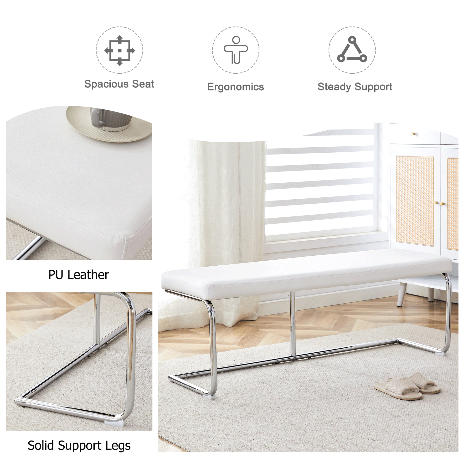 White Shoe Changing Stool, Silver Metal Legs, Sofa Stool Dining Chair, Suitable For Bedroom ,Fitting Room, Storage Room, Dining Room, Living Room. 005 White Pu