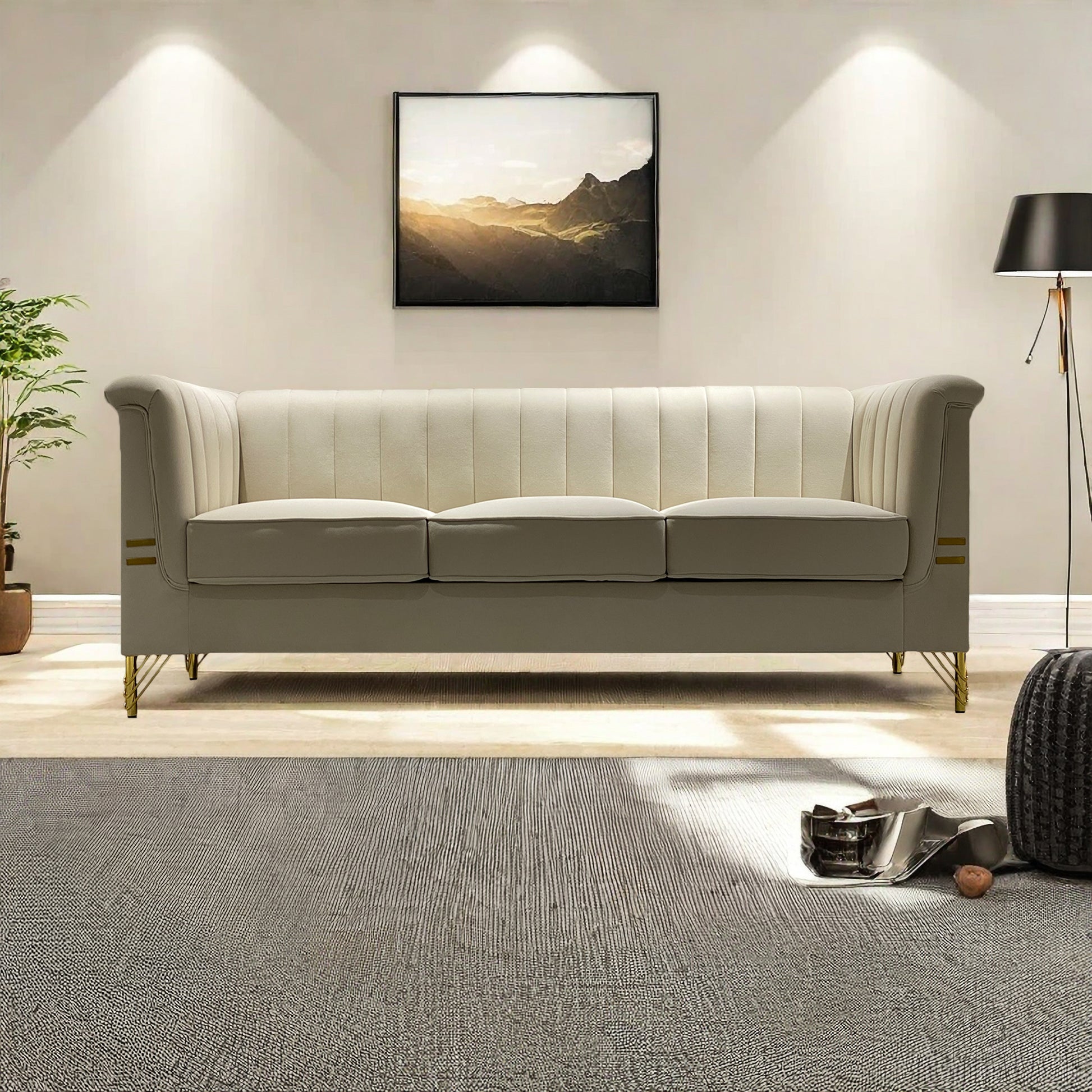 Fx P82 Be Sofa Modern Chenille Sofa, 82.67" Upholstered Couch With Bolster Armrest, 3 Seat Sofa For Living Room, Bedroom, Office, Apartment, Dorm, Beige Beige Velvet 3 Seat