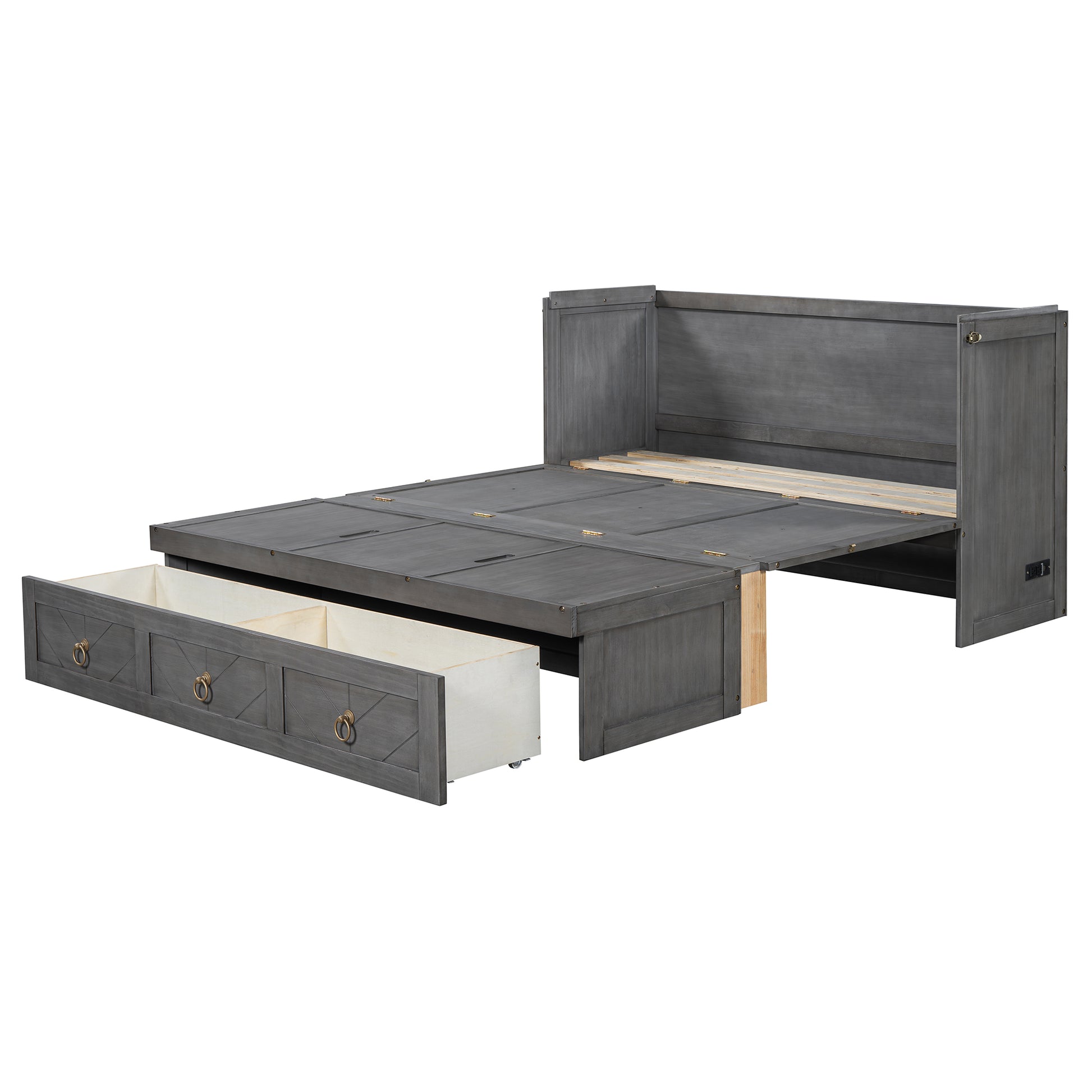 Queen Size Murphy Bed With Usb Port And A Large Drawer, Gray Gray Solid Wood Mdf