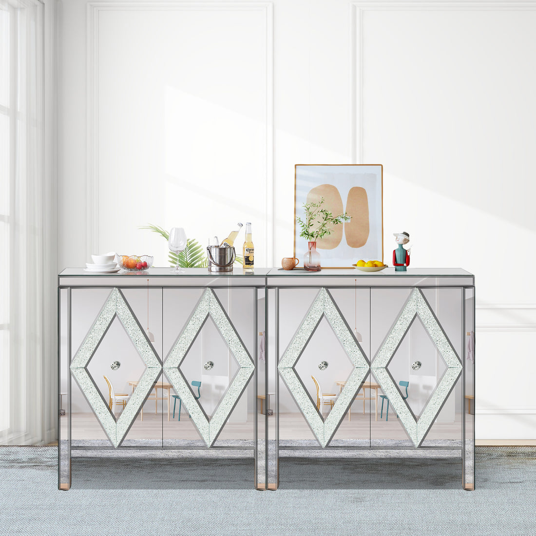 Storage Cabinet With Mirror Trim And Diamond Shape Design Spliced Combination For Living Room, Dining Room, Entryway, Kitchen Silver Mdf Glass