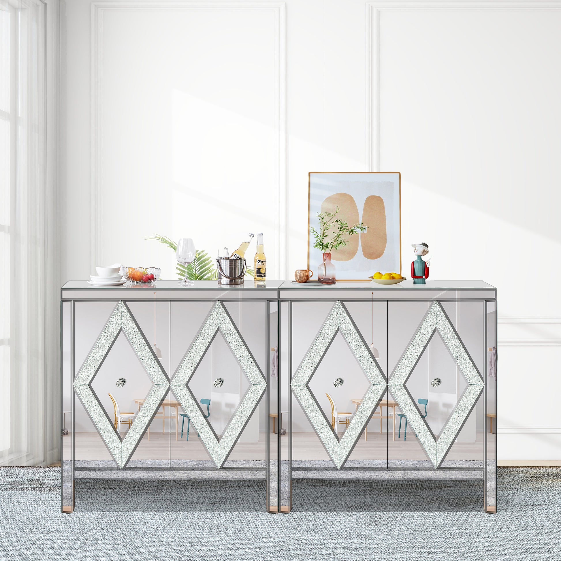 Storage Cabinet With Mirror Trim And Diamond Shape Design Spliced Combination For Living Room, Dining Room, Entryway, Kitchen Silver Mdf Glass