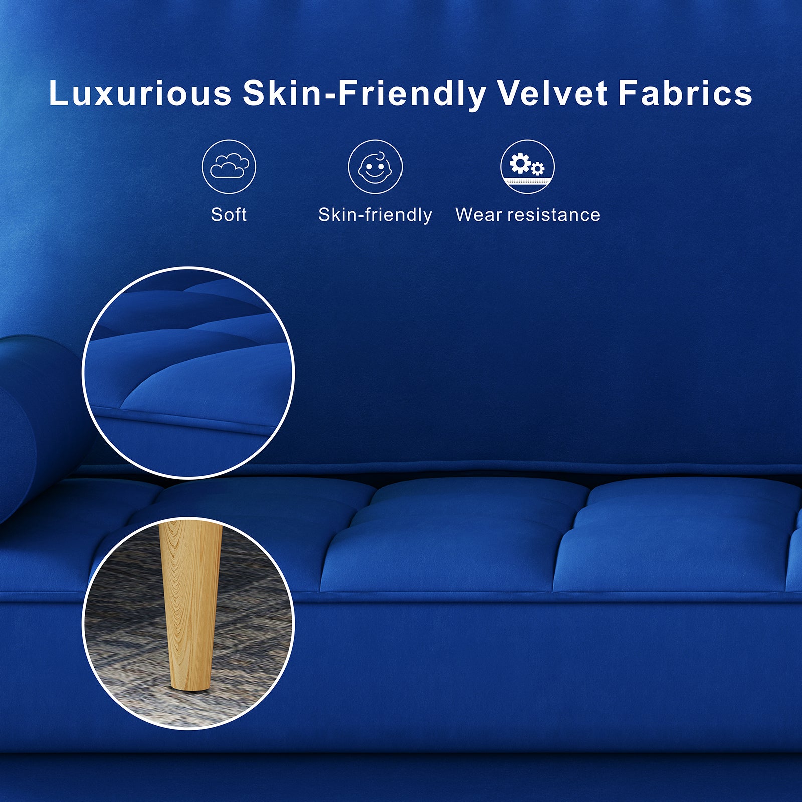 Roma 67.7'' 3 Seater Sofa Couch For Living Room, Modern Sofa,Small Couches For Small Spaces,Upholstered 3 Seater Couch For Bedroom, Apartment, Home Office, Tool Free Assembly,Blue Blue Velvet Wood
