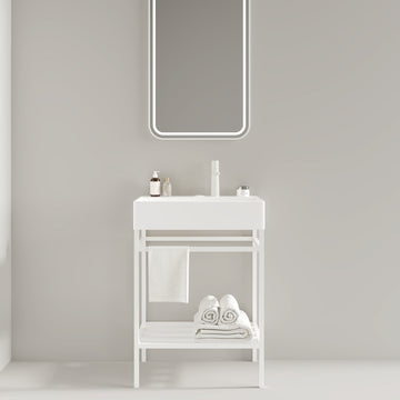 Lofi 24" Bathroom Vanity With Ceramic Basin, Freestanding Bathroom Console Sink Set, Glossy White Rectangular Ceramic Basin Without Faucet, Open Metal Leg, Storage Shelves, White White Bathroom