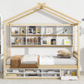 Twin House Bed With Roof Frame, Bedside Shelves, Under Bed Storage Unit,Natural Twin Natural American Design Pine