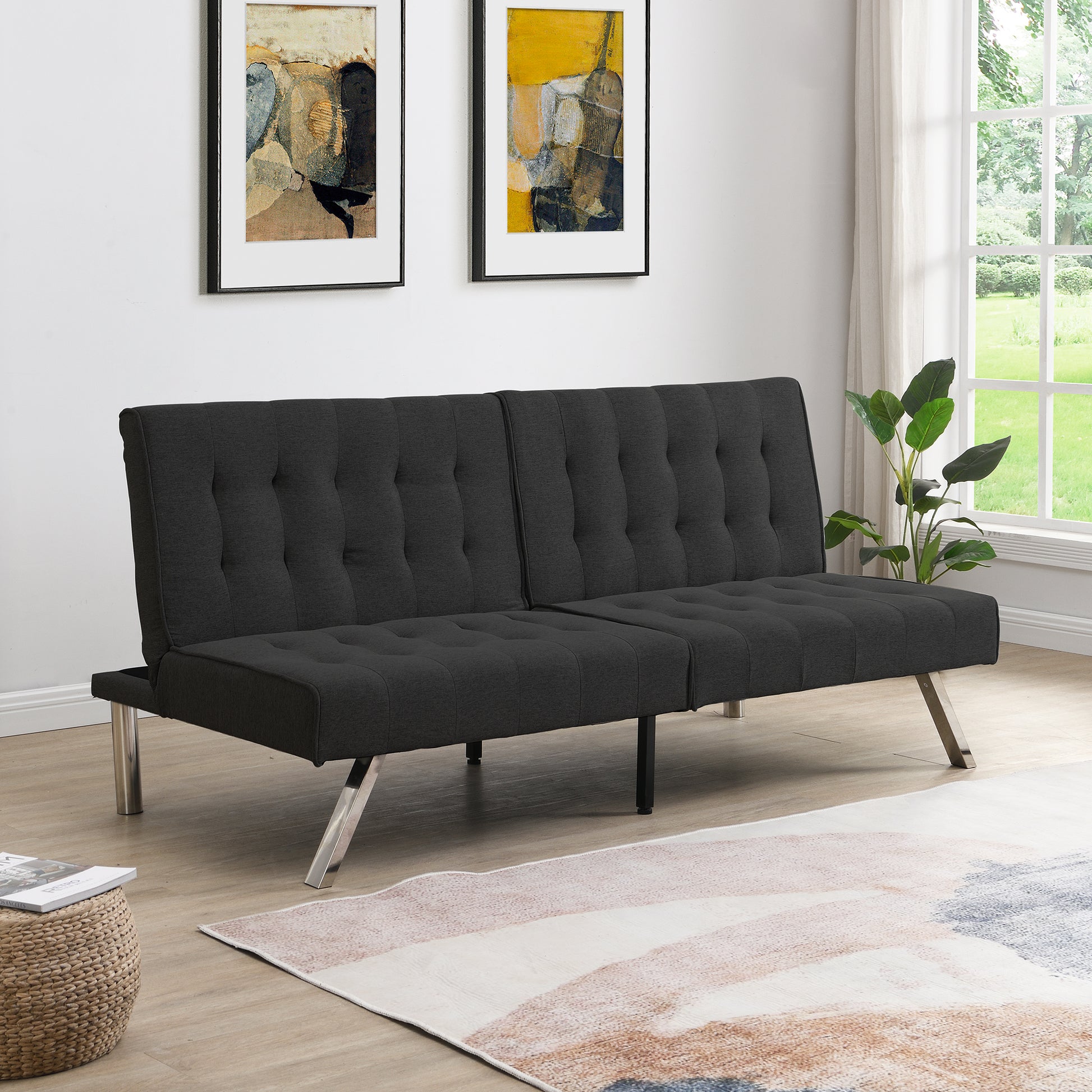 Wood Frame, Stainless Leg, Futon, Sofa Bed Black Black Fabric 2 Seat