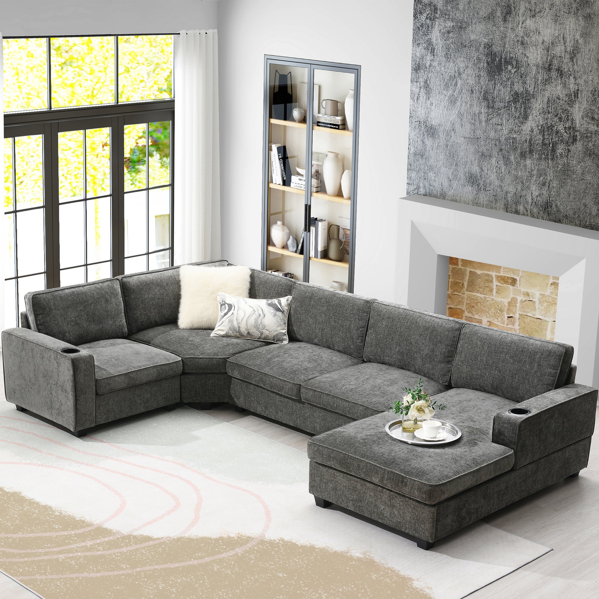 119*67" U Shaped Sectional Sofa,6 Seat Chenille Couch Set With Oversized Chaise Lounge,Irregular Corner,Deep Seat Comfy Sofa With Cup Holders For Living Room,Apartment,2 Colors Dark Gray Chenille 6