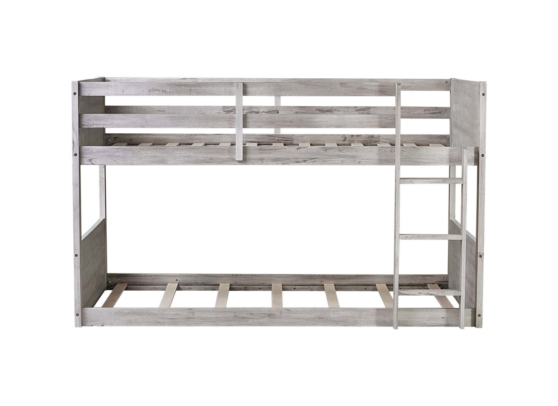 Twin Over Twin Floor Bunk Bed With Panelled Headboard And Footboard, Solid Rubber Wood Foundation With Safety Guardrails, Built In Ladder,Antique White Twin Antique White Rubber Wood