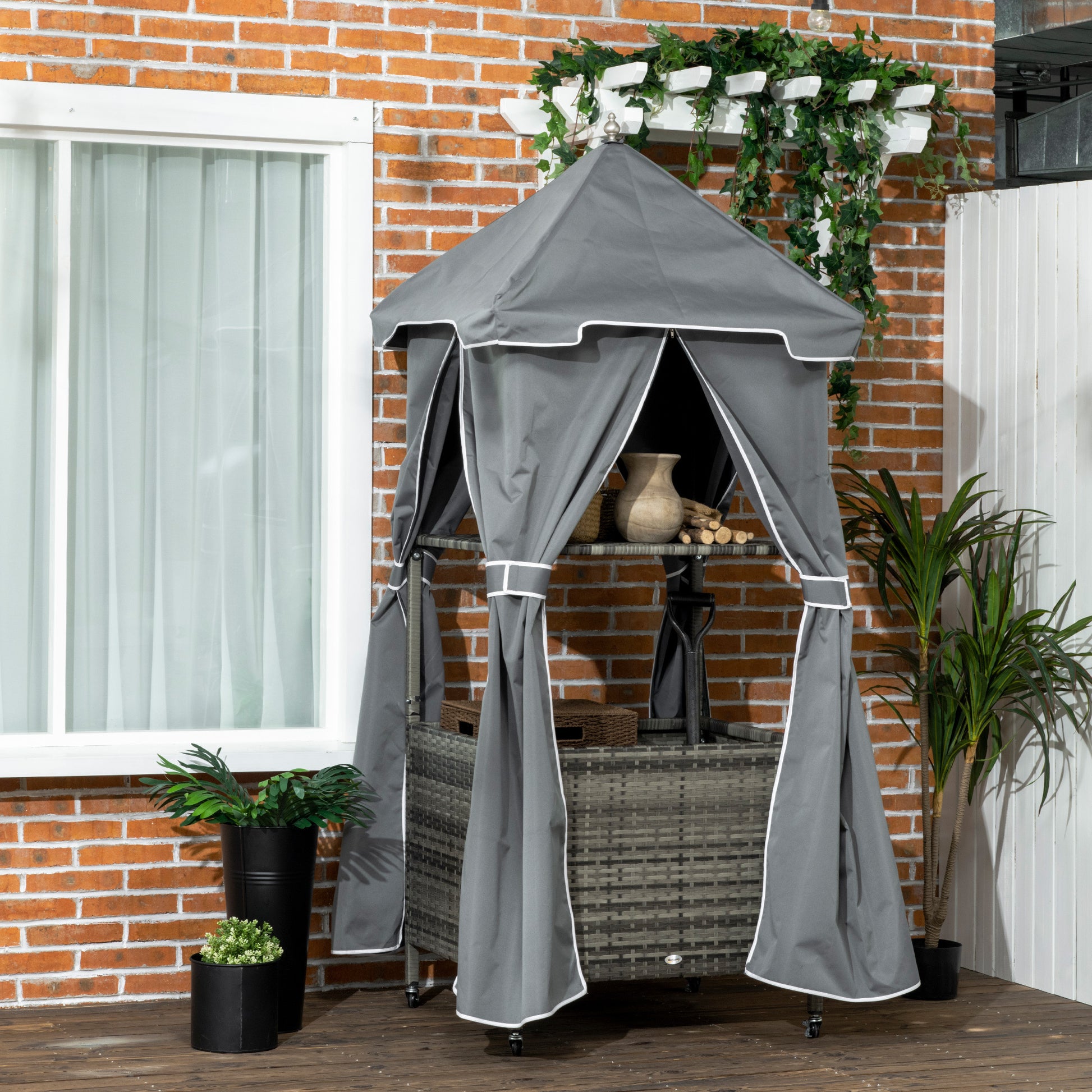 Outsunny Outdoor Towel Valet Caddy, Covered Poolside Towel Holder Rack, Shelf, Basket, Rolling Pe Rattan Wicker Storage On Wheels, Gray Gray Steel