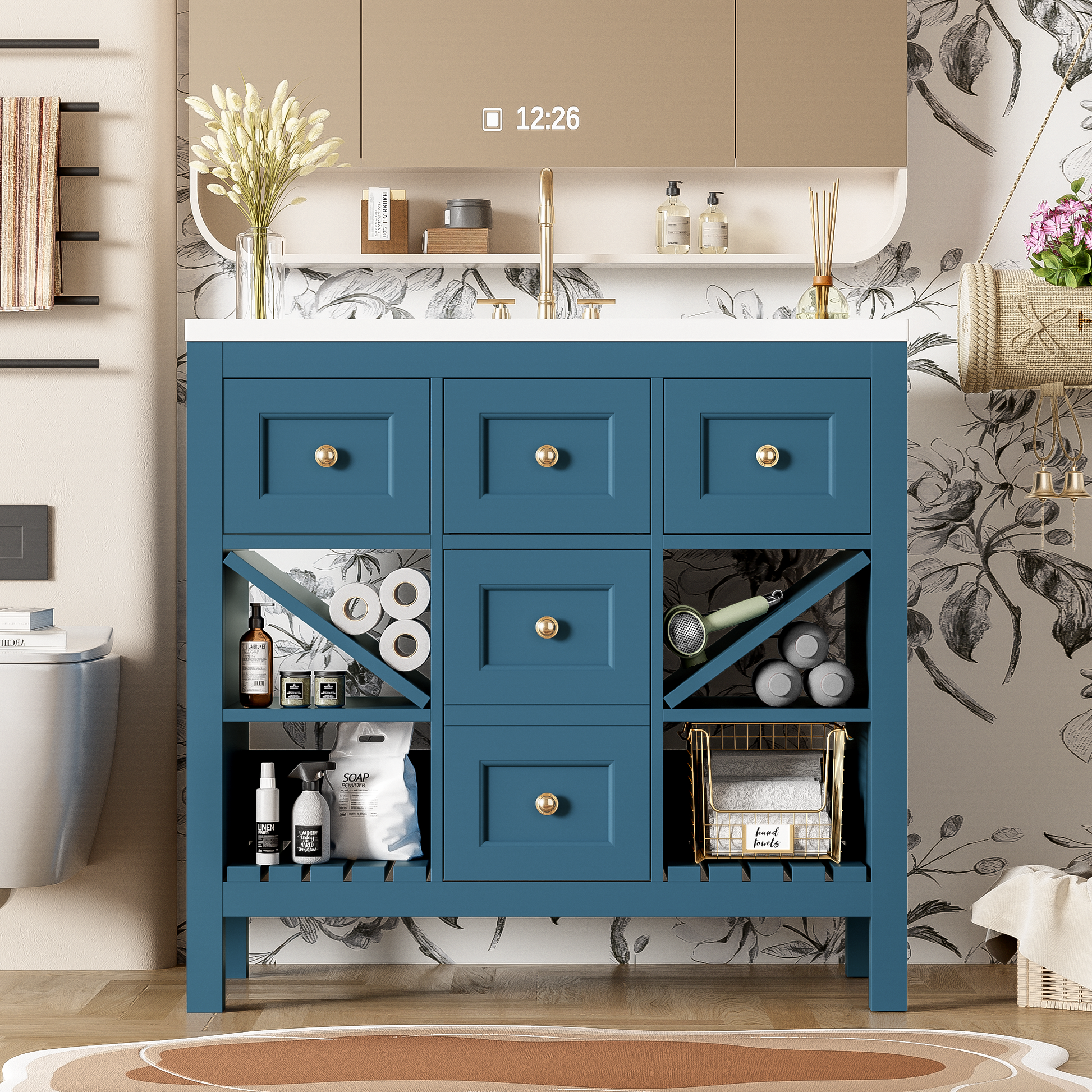 36'' Bathroom Vanity With Resin Sink Combo, Solid Wood Frame Bathroom Storage Cabinet, Freestanding Vanity Set With 5 Drawers& Soft Closing Doors Same As N710S136001C Blue Bathroom Solid Wood Mdf Resin