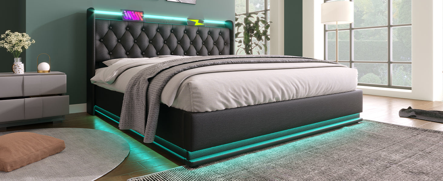 Queen Size Upholstered Bed, 360 Surround Led Function, Buttons Apps Remote Control, Hydraulic Storage Bed With Usb Type C Charging, Black,Pu Without Mattress Queen Black Pu