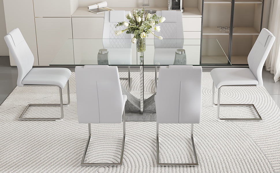 Table And Chair Set, Large Modern Rectangular Glass Table, Can Accommodate 6 8 People, Equipped With A 0.39 Inch Tempered Glass Tabletop And Large Mdf Table Legs, Comfortable And Soft Chairs. Transparent Glass