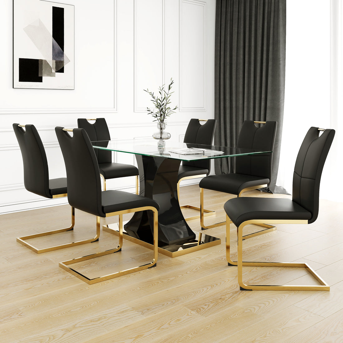 Modern Style Glass Dining Table, Elegant Transparent Design, Solid Support Base, Black Dining Chair Set, Gold Plated Chair Legs, Suitable For Restaurant Kitchen Use Set Of 7 Black Pu Glass