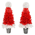 Lighted Santa Hat Style Christmas Tree Set Of 2, 4Ft Artificial Tree With Warm White Lights, Christmas Tree For Decoration Inside And Outside Red,White Pvc