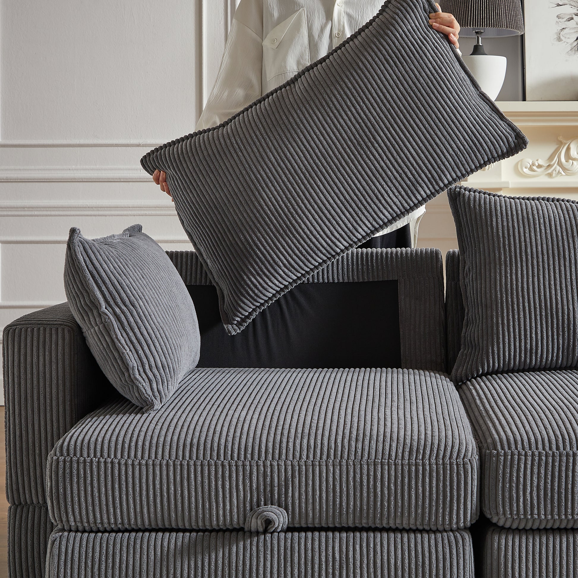 113.5'' Modular Sectiona Corduroy Sofa, Sectional Couches For Living Room U Shaped Sectional Couch With Storage Ottoman, 6 Seats Convertible Sectionals With Chaise Dark Gray Corduroy 6 Seat