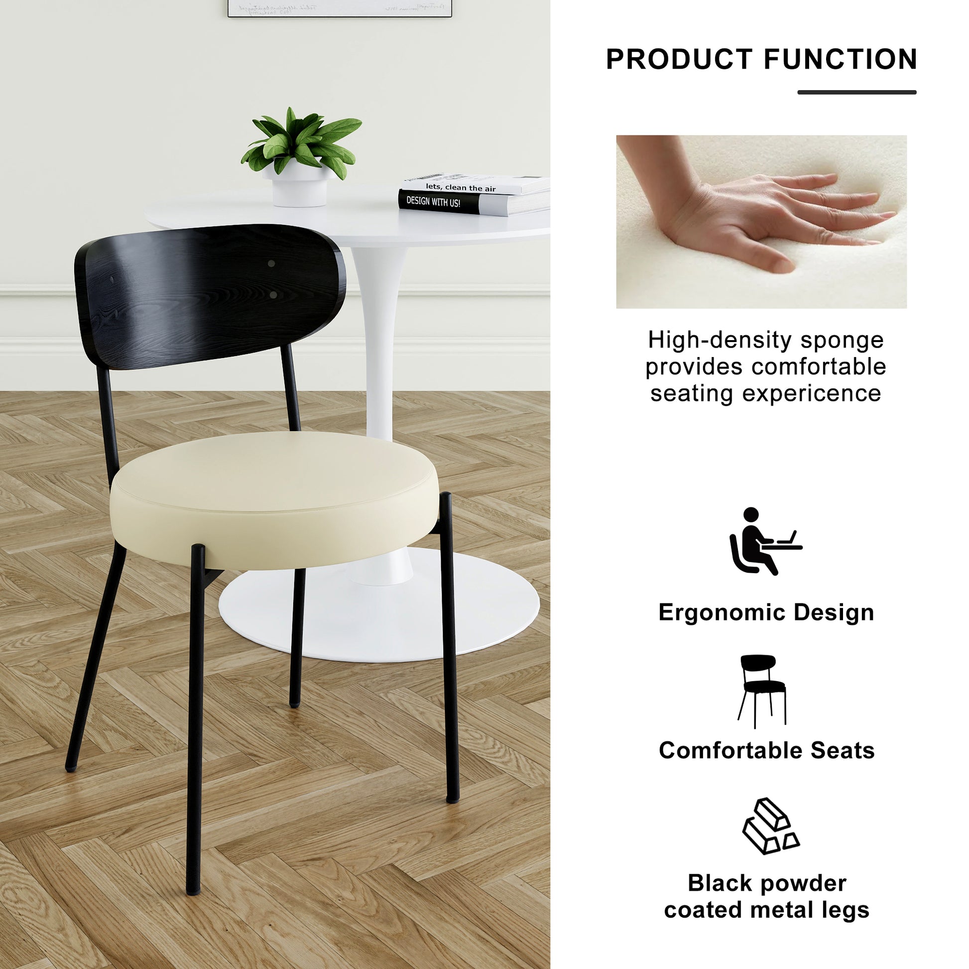 Modern Grey Simple Pu Dining Chair Upholstered Chair Family Bedroom Stool Back Dressing, White Round Table Set, Bentwood Covered With Ash Veneer Chair Back, Chair Black Metal Legs Set Of 5 White Mdf