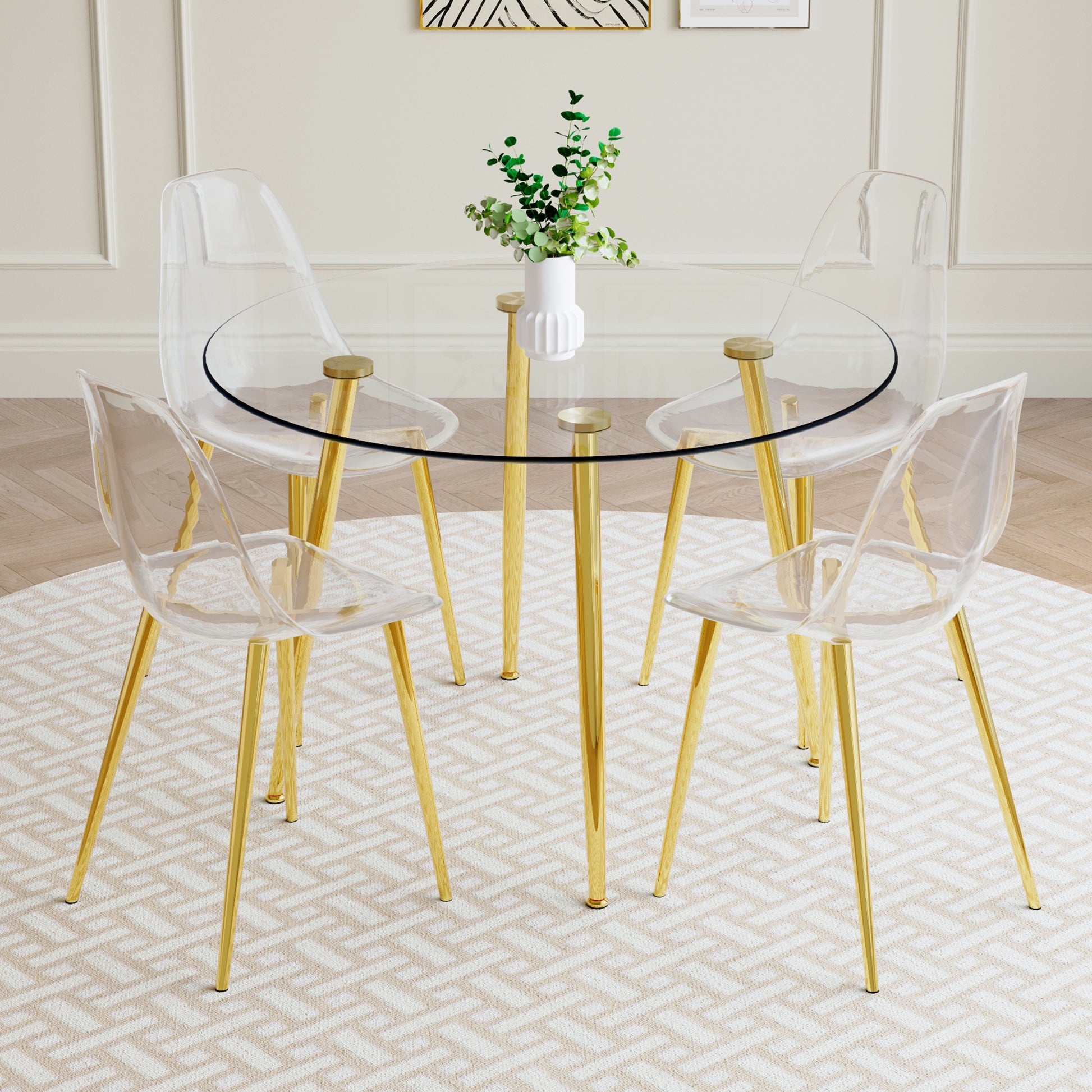 A Modern Minimalist Style Round Transparent Tempered Glass Table With Gold Metal Legs, Paired With 4 Modern Style Transparent Dining Chairs For A Luxurious Experience. Transparent Seats 4 Glass