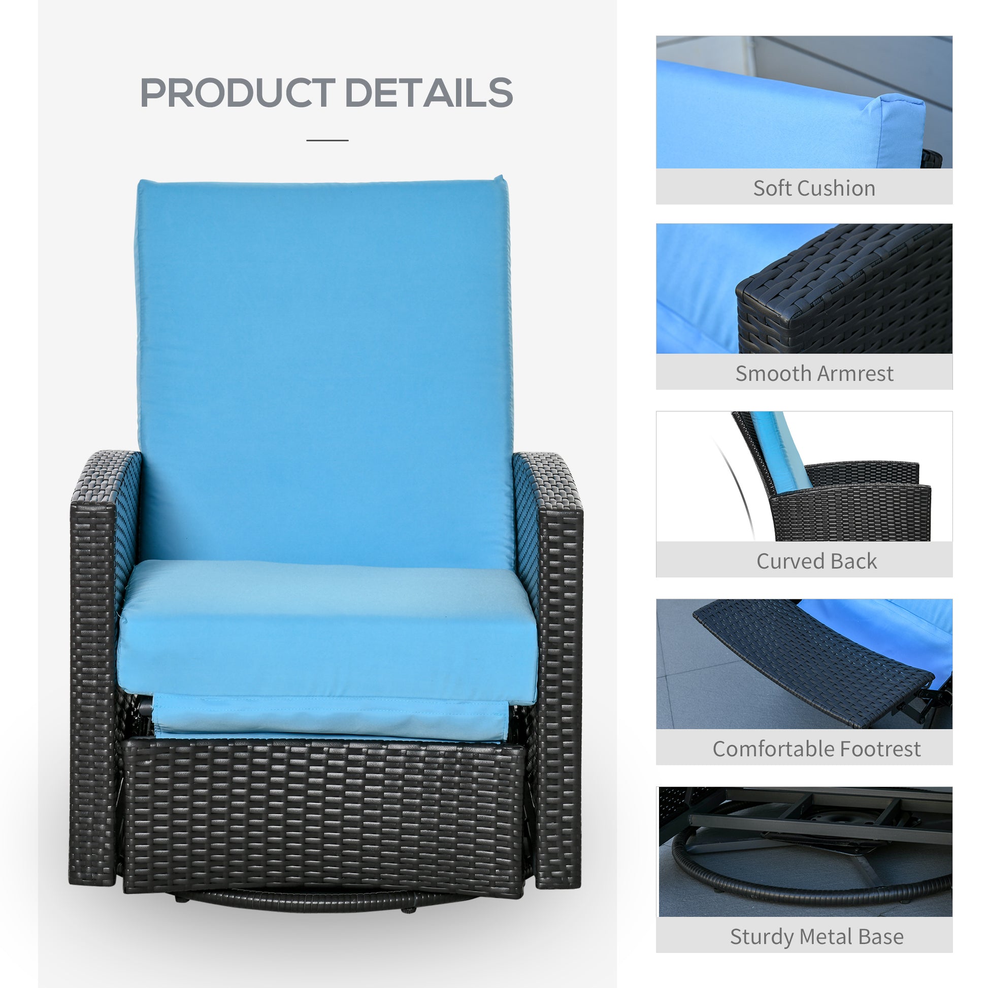 Outsunny Outdoor Wicker Swivel Recliner Chair, Reclining Backrest, Lifting Footrest, 360 Rotating Basic, Water Resistant Cushions For Patio, Light Blue Light Blue Polyethylene