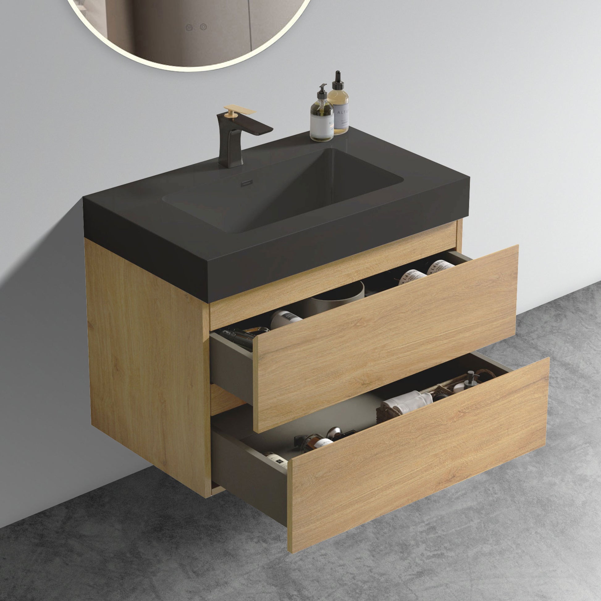 U091 Alice30W 106 Alice 30" Natural Oak Bathroom Vanity With Sink, Large Storage Wall Mounted Floating Bathroom Vanity For Modern Bathroom, One Piece Black Sink Basin Without Drain, Pre Assembled Light Oak Bathroom Modern Melamine