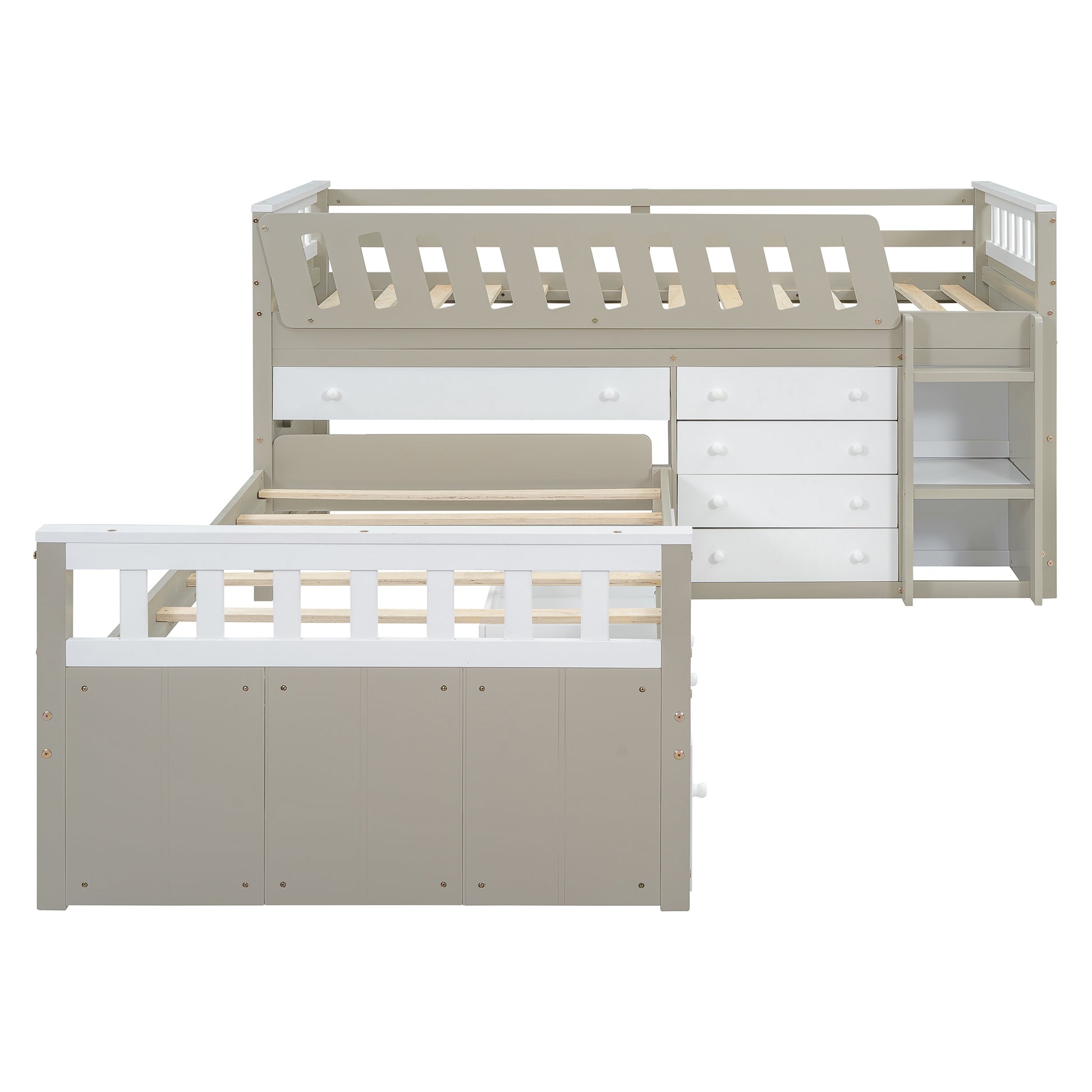 L Shaped Space Saving Twin Loft And Twin Platform Bed With 7 Drawers And Full Guardrails White Light Brown Twin Brown White Solid Wood