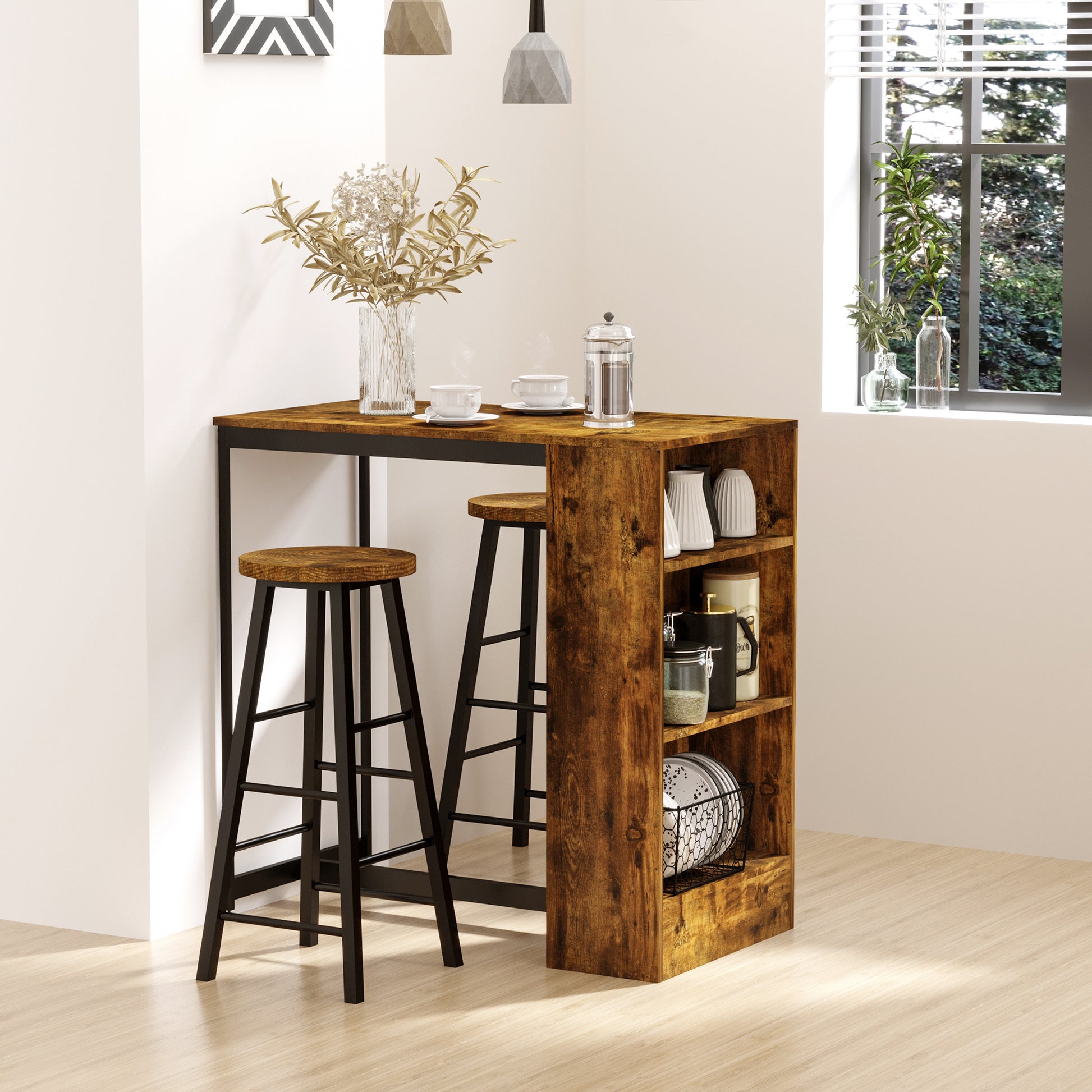 Homcom 3 Piece Industrial Pub Table And Chairs, Counter Height Bar Table And Stools Set With Storage Shelf, Rustic Brown Rustic Brown Particle Board