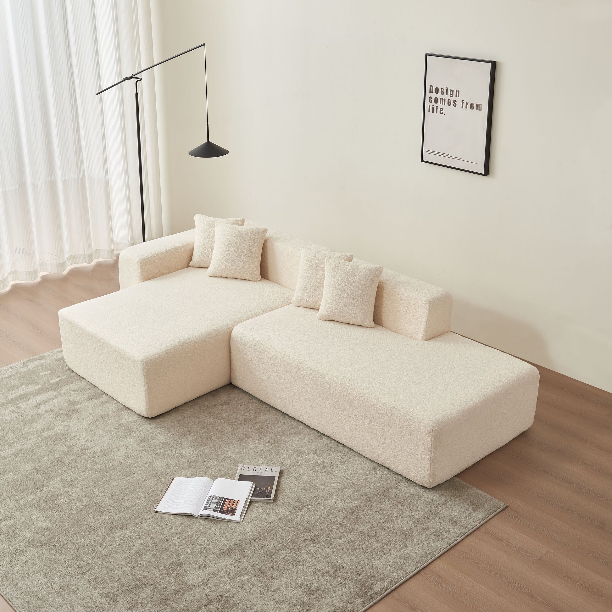 Modular Sectional Couch, Lambswool Fabric Modern L Shape Sectional Sofa With Chaise Lounge, Living Room Upholstered 5 Seater Corner Sofa Couch For Bedrooms, Apartment Beige Foam Sherpa 5 Seat