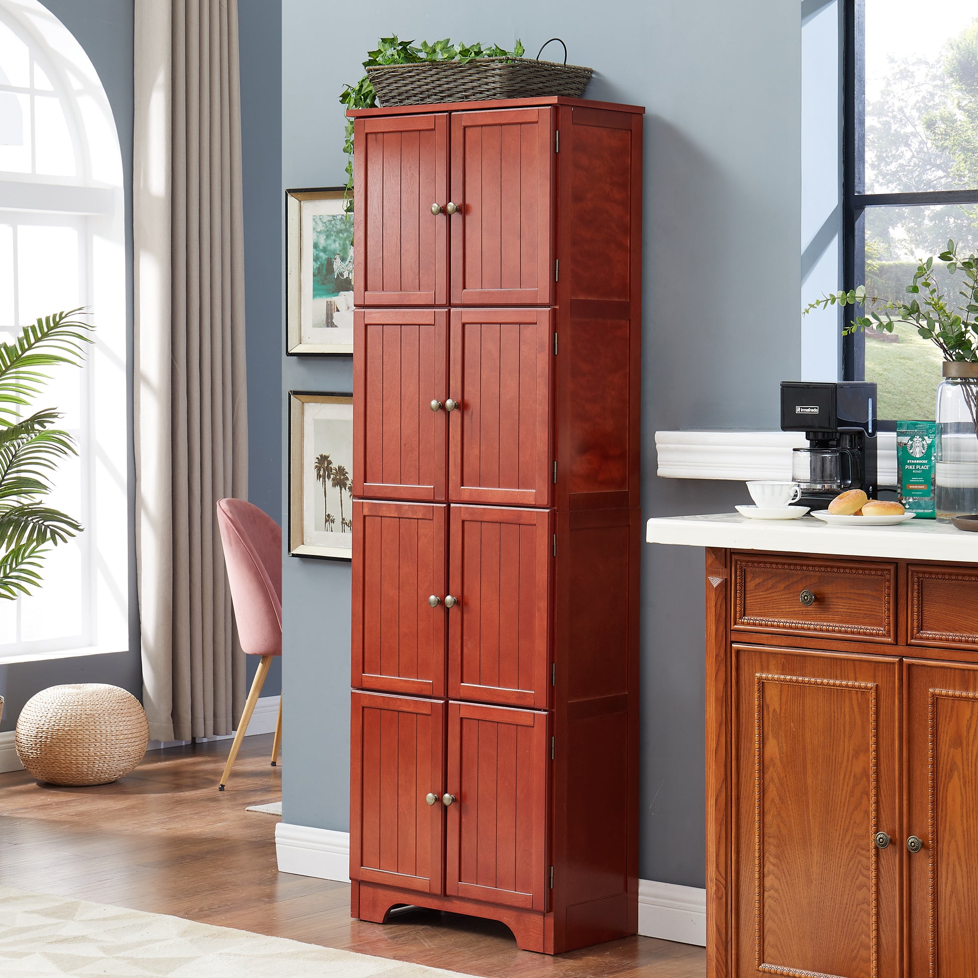 72.4" Tall Storage Cabinet Tall Storage Cabinet With 8 Doors And 4 Shelves ,Bookshelf Living Room, Kitchen, Dining Room, Office Freestanding Storage Cabinet,Cherry Cherry Mdf