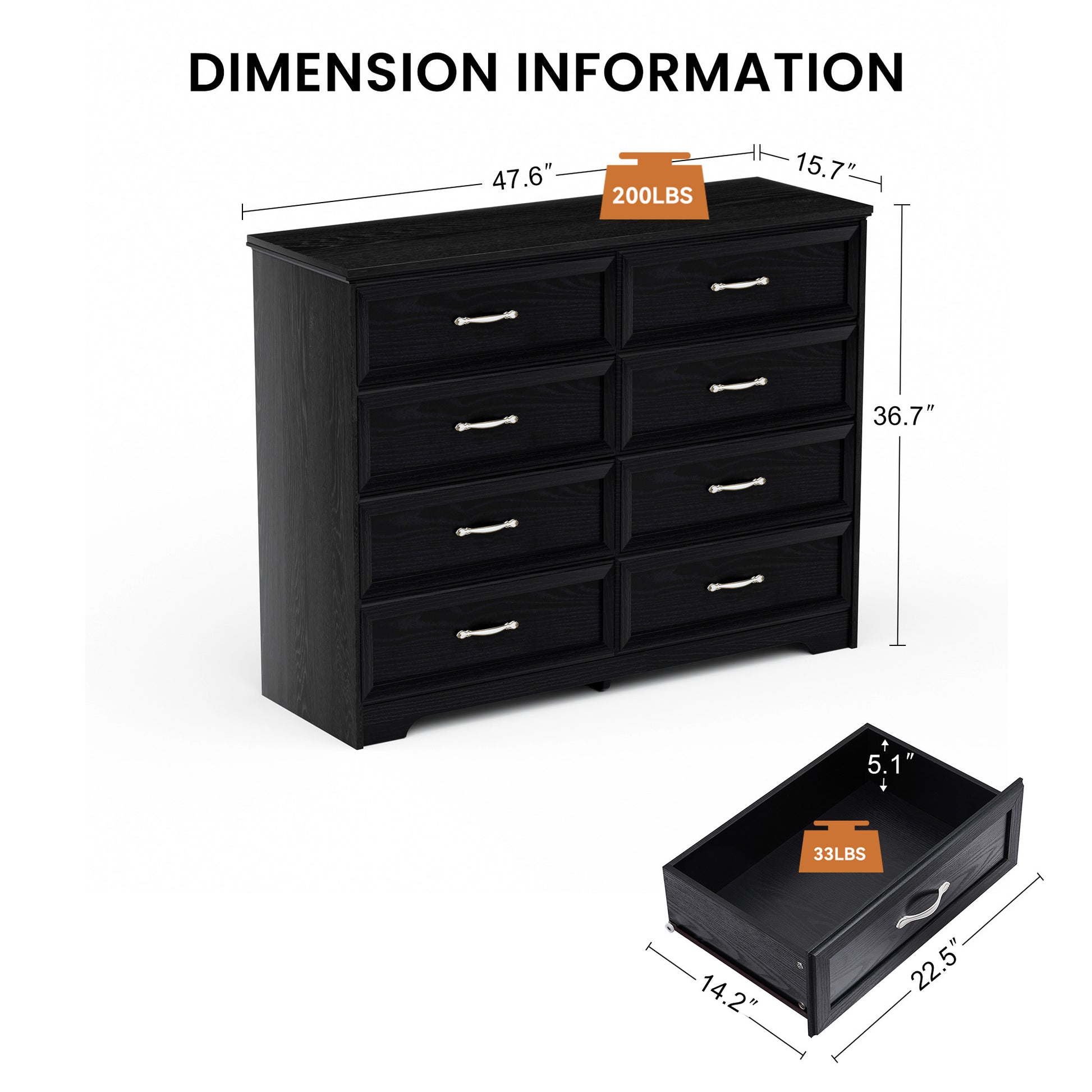 Modern 3 Drawer Bedroom Chest Of Drawers With 8 Drawers Dresser, Clothes Organizer Metal Pulls For Living Room, Bedroom, Hallway, Black,47.6 L X 15.7 W X 36.7 H 5 Or More Drawers Black Drawers Included Particle Board Mdf