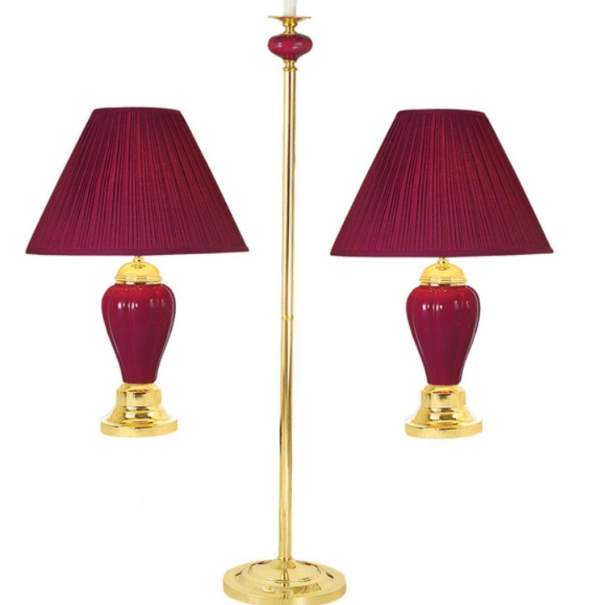 3 Piece Ceramic Lamp Set, Floor And Table Lamps, Burdy Finish Burgundy Ceramic