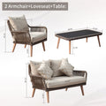 Patio Conversation Sets 4 Pieces, Handwoven Rattan Wicker Aluminum Frame Outdoor Patio Set, All Weather Modern Rope Patio Loveseat With Coffee Table For Garden Balcony Deck Poolside Porch Khaki Yes Khaki Garden & Outdoor Multiple Chairs Seating Group