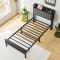 Twin Size Bed Frame, Storage Headboard With Charging Station, Solid And Stable, Noise Free, No Box Spring Needed, Easy Assembly Box Spring Not Required Twin Black Iron Bedroom Bed Frame Metal & Wood