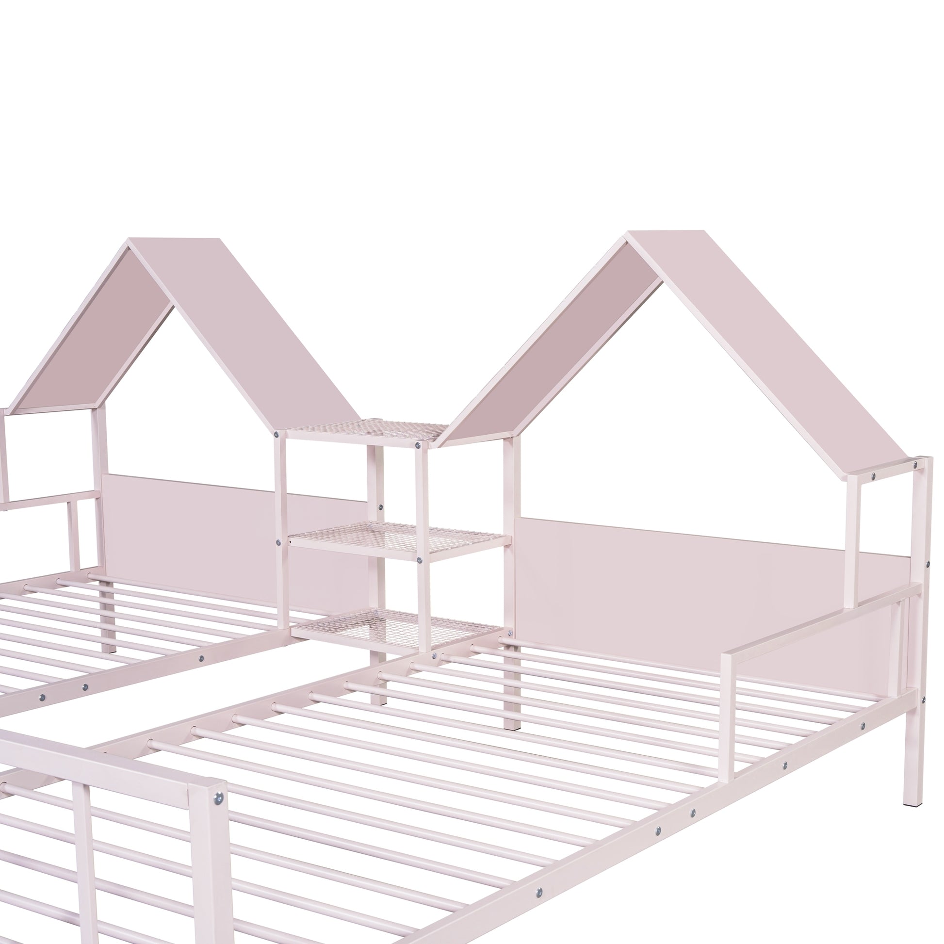 Metal Double Twin Size Platform Bed With House Shaped Headboard And A Built In Nightstand, Pink Box Spring Not Required Twin Pink Metal Metal