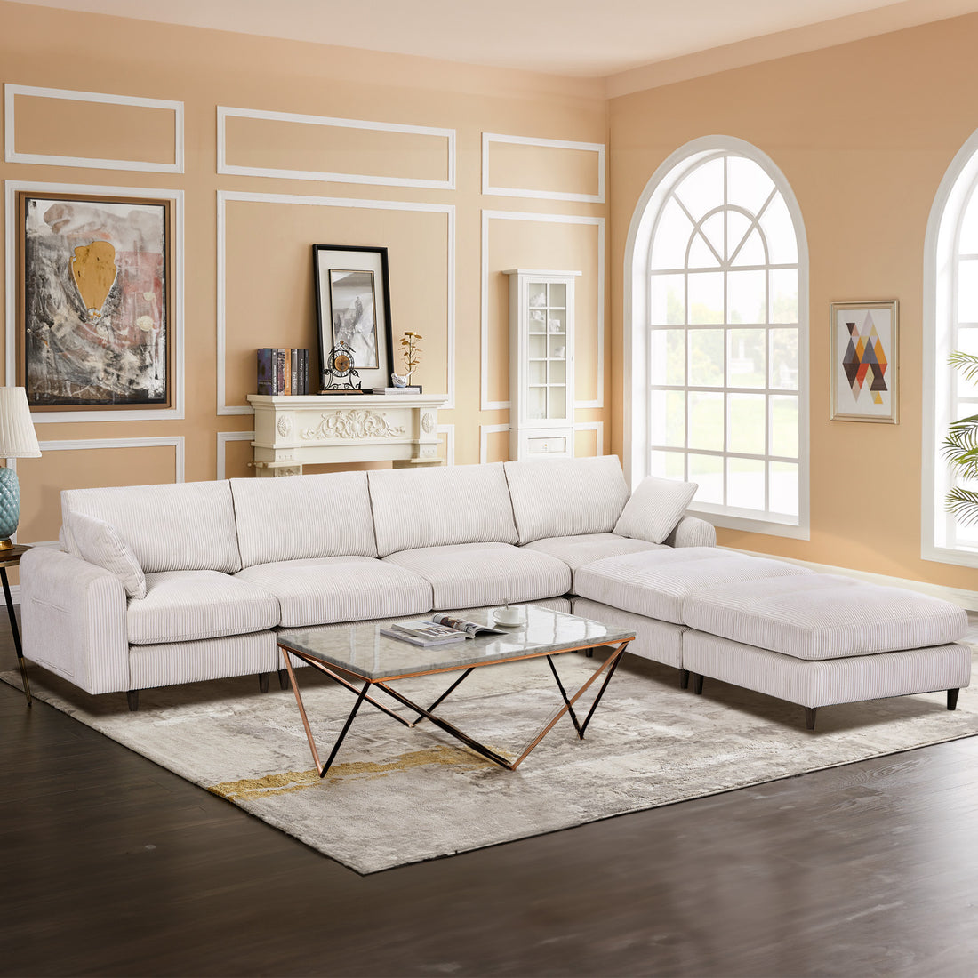 Modern Corduroy Modular Section Sofa, U Shaped Convertible L Shaped Sofa Set With Pillow, Oversized Sectional Sofa With Footstool, Suitable For Living Room, Attic, Apartment, Office White 6 Seat