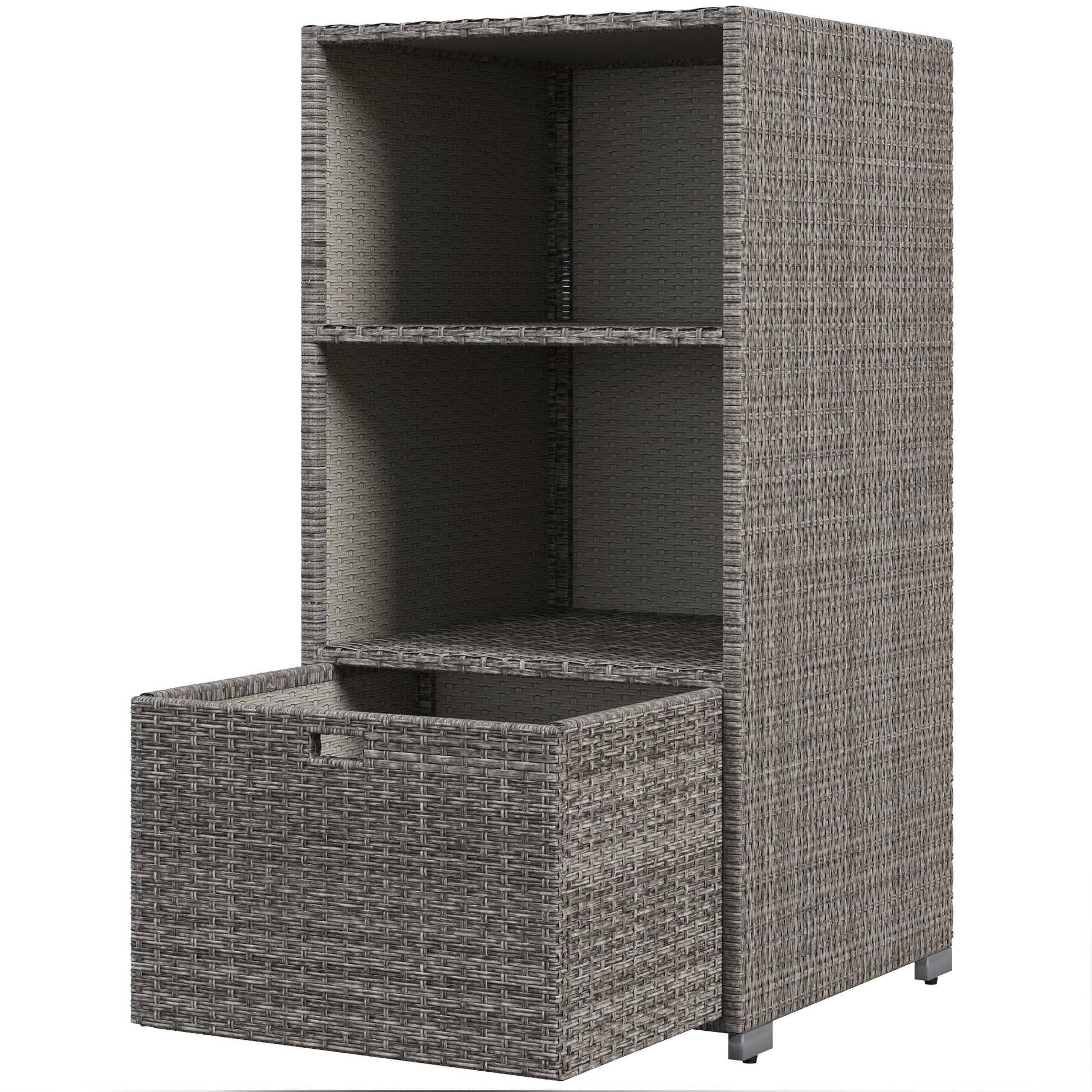 Outsunny Valet Pool Towel Rack, Waterproof Pe Plastic Rattan Wicker Storage Organizer, Indoor Outdoor Spa, And Hot Tub Accessory Storage, 2 Shelves, 1 Basket Drawer, Mixed Gray Dark Grey Rattan