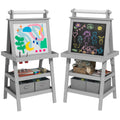 Qaba Easel For Kids, Double Sided Kids Art Easel With Paper Roll, Magnetic Whiteboard, Chalkboard & Storage, Standing Toddler Easel For Painting & Drawing, Gift For Boys, Girls Ages 3 6 Years, Gray Gray Mdf