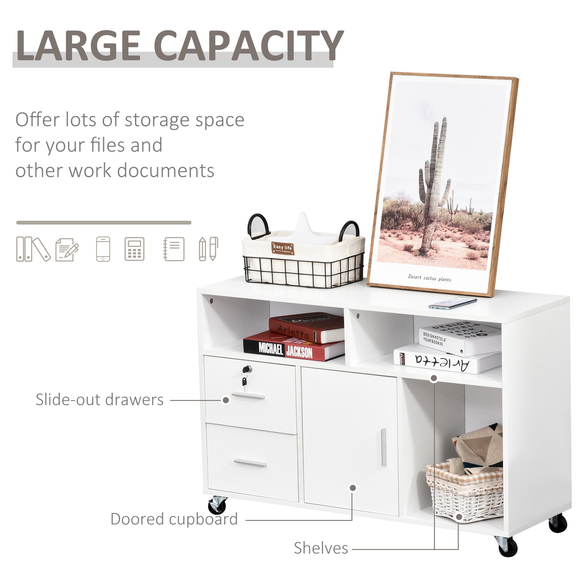 Homcom Printer Stand Home Office Mobile Cabinet Organizer Desktop With Caster Wheels, 2 Locking Breaks And Drawer, White White Particle Board