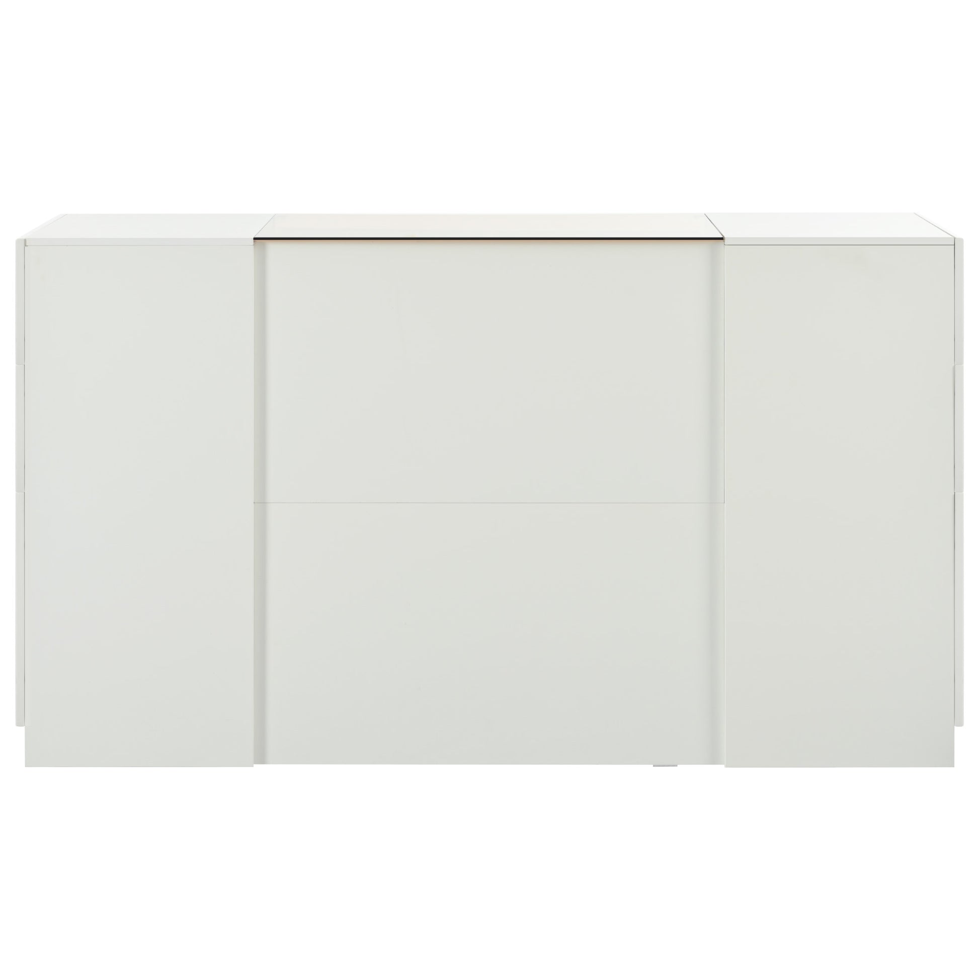 Modern Luxury Multi Functional Island Vanity Dresser And Storage Cabinet With Glass Tabletop, Display Shelf,6 Drawers For Walk In Wardrobe And Bedroom Cream White Mdf Glass