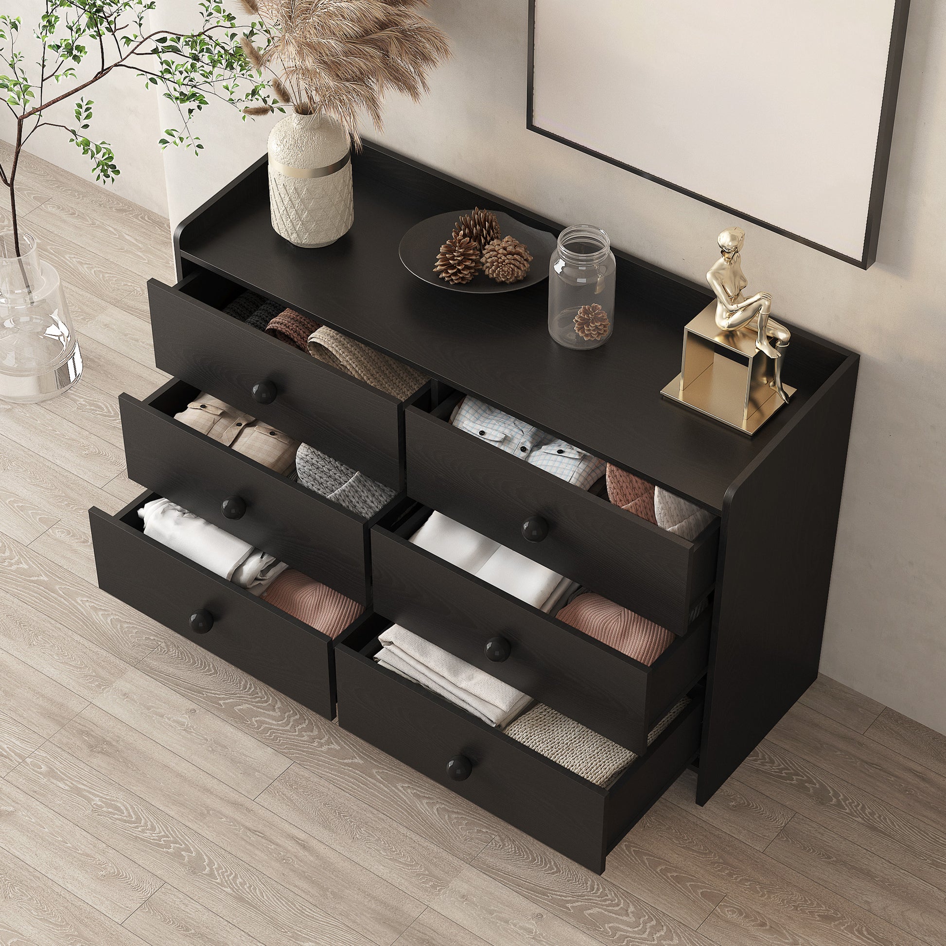 Chest Of Drawers Black Dresser6 Drawer Chest With Wide Storage, Modern Contemporary 6 Drawer Cabinet, Dresser For Bedroom Living Room Hallway Black Mdf