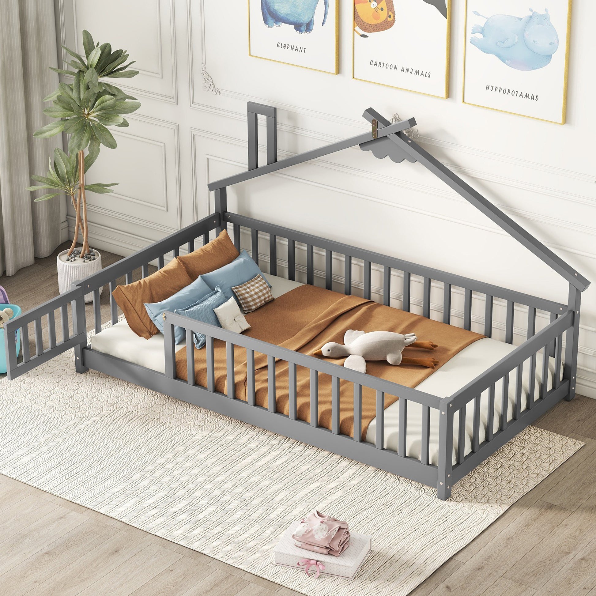 Twin House Shaped Bedside Floor Bed With Guardrails, Slats, With Door,Grey Twin Grey American Design Pine