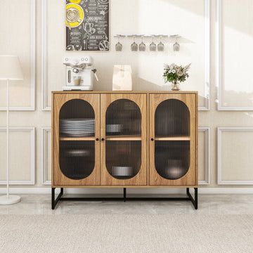 Storage Cabinet With Glass Door, Sideboard Buffet Cabinet For Kitchen,Dining Room, Walnutcolor Natural Particle Board