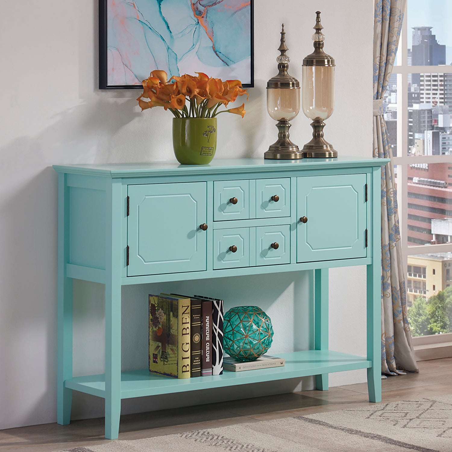 Sideboard Buffet Cabinet, Kitchen Buffet Storage Cabinet With Doors, Entryway Table Console Cabinet For Entryway Living Room, Aqua Green Old No:W1003138674 Teal Dining Room Adjustabel Shelves Mdf