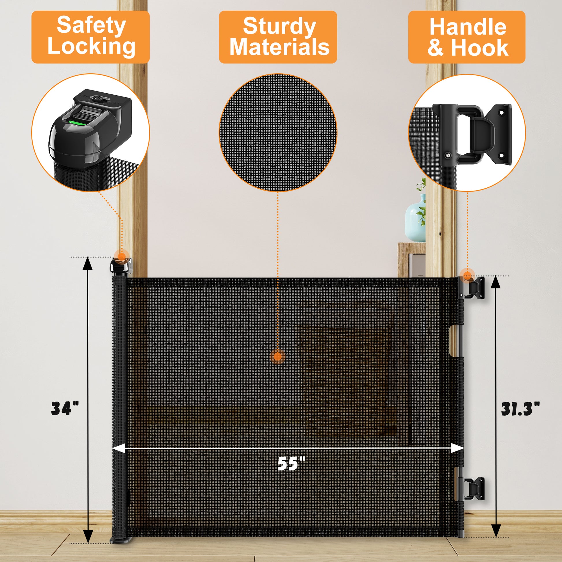 2 Pack Retractable Baby Gate, Mesh Dog Gate For Doorways, Extends Up To 55" Wide, 33" Tall Child Safety Gate For Doorways, Indoor & Outdoors, Stairs, Hallways, Black Black Plastic