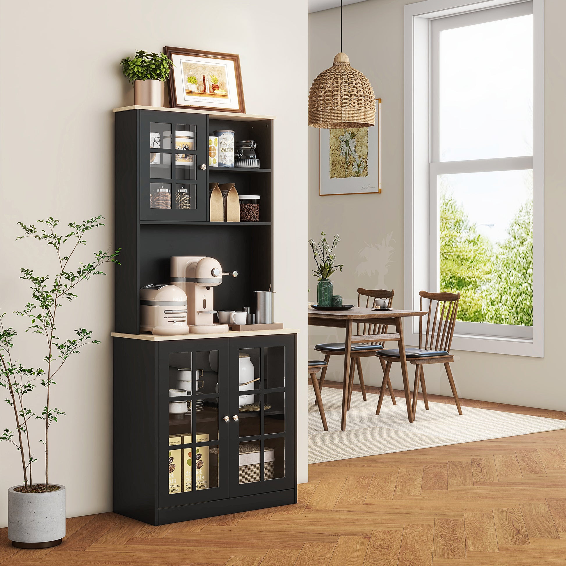 Homcom Kitchen Pantry Cabinet, 72" Freestanding Storage Cabinet With Hutch, Large Countertop, Glass Doors And Adjustable Shelves, Microwave Cabinet, Coffee Bar Cabinet For Dining Room, Black Black Wood