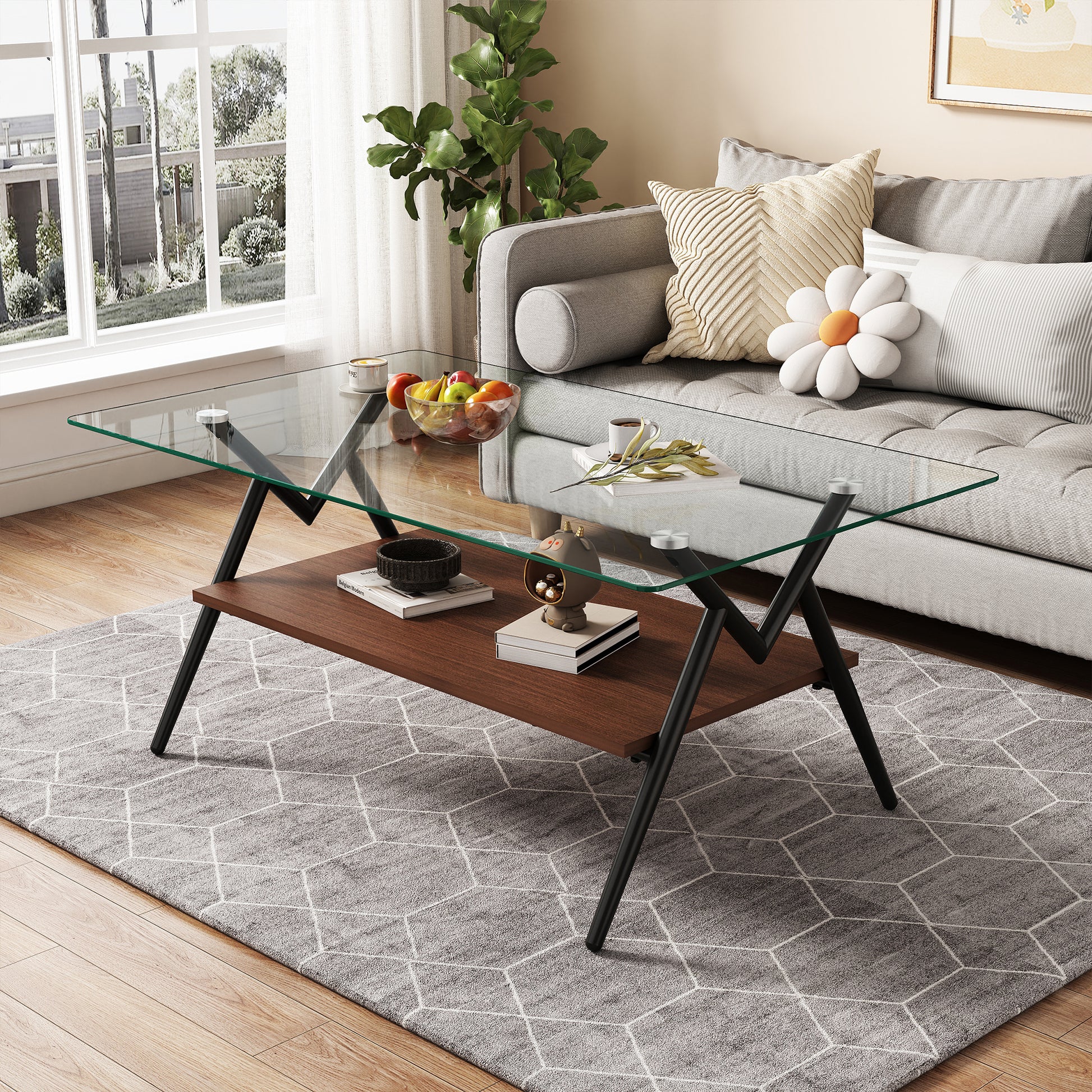 Rectangle Coffee Table With Tempered Glass Top And Black Metal Legs, Modern Table For Living Roomtransparent Glass Transparent Tempered Glass