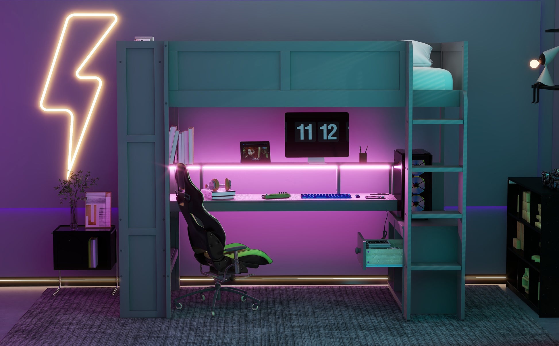 Wood Twin Size Gaming Loft Bed With Desk, Multi Storage Shelves, Led And Charging Station, Dark Gray Box Spring Not Required Twin Dark Gray Wood Bedroom Bed Frame Solid Wood Mdf