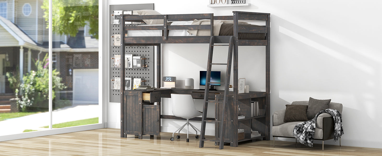 Twin Size Loft Bed With U Shaped Desk, Drawers And Storage Shelves, Antique Brown Box Spring Not Required Twin Antique Brown Wood Bedroom Solid Wood Mdf