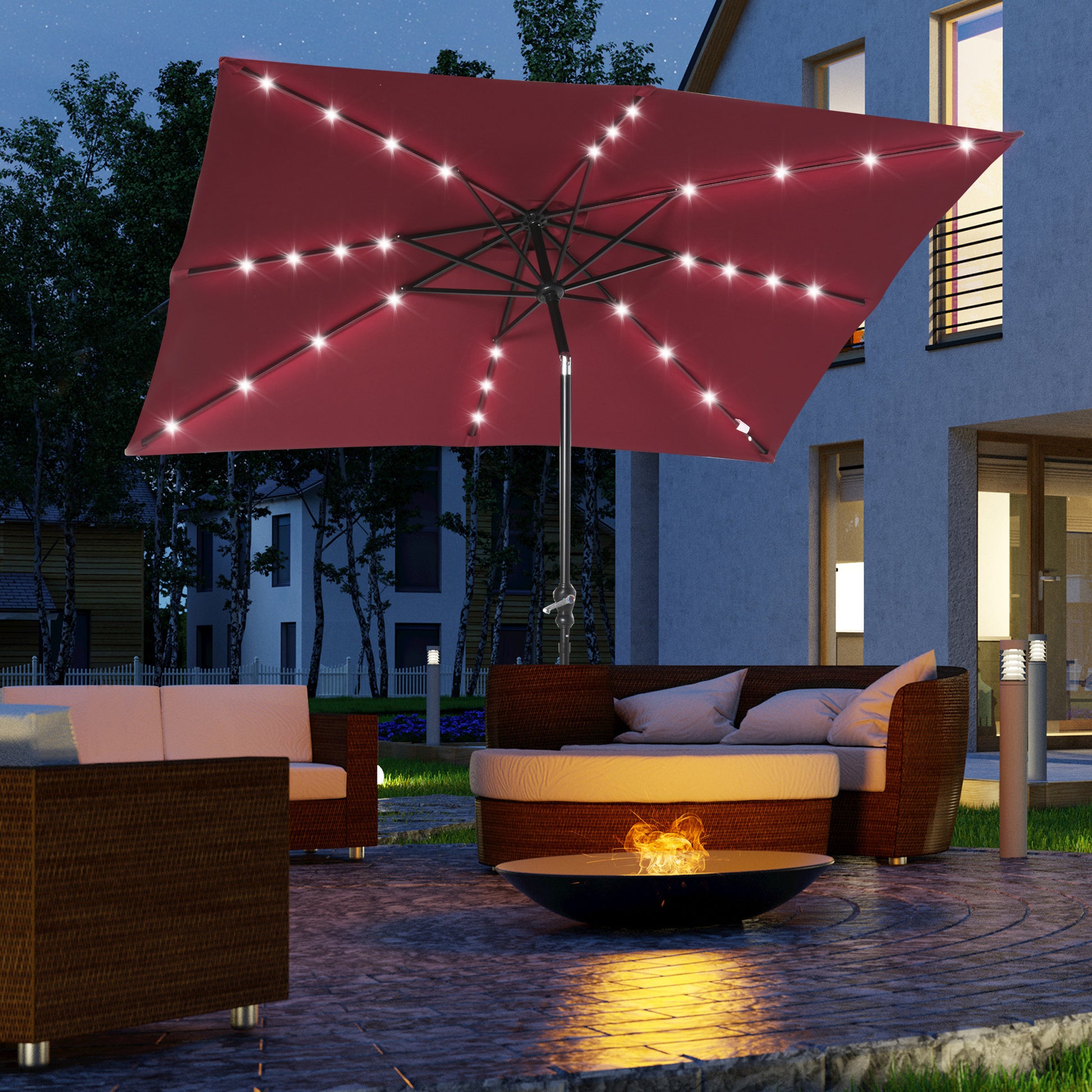 Outsunny 9' X 7' Solar Umbrella, Led Lighted Patio Umbrella For Table Or Base With Tilt & Crank, Outdoor Umbrella For Garden, Deck, Backyard, Pool, Beach, Wine Red Red Steel