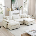 Oversized Modular Cushioned Sofa With Conversible Ottoman, 3 Seater Sofa With 2 Footstools, U Shape Sofa In Beige Corduroy Fabric Beige Corduroy 3 Seat