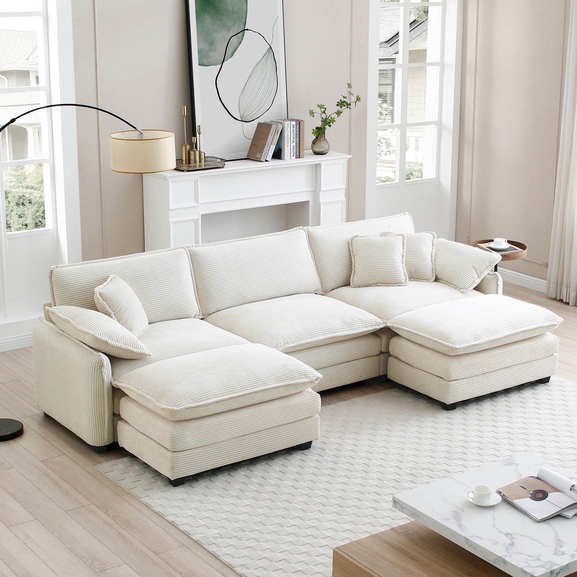 Oversized Modular Cushioned Sofa With Conversible Ottoman, 3 Seater Sofa With 2 Footstools, U Shape Sofa In Beige Corduroy Fabric Beige Corduroy 3 Seat