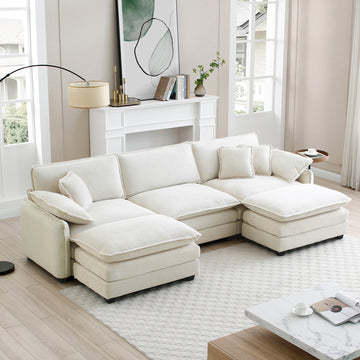 Oversized Modular Cushioned Sofa With Conversible Ottoman, 3 Seater Sofa With 2 Footstools, U Shape Sofa In Beige Corduroy Fabric Beige Corduroy 3 Seat