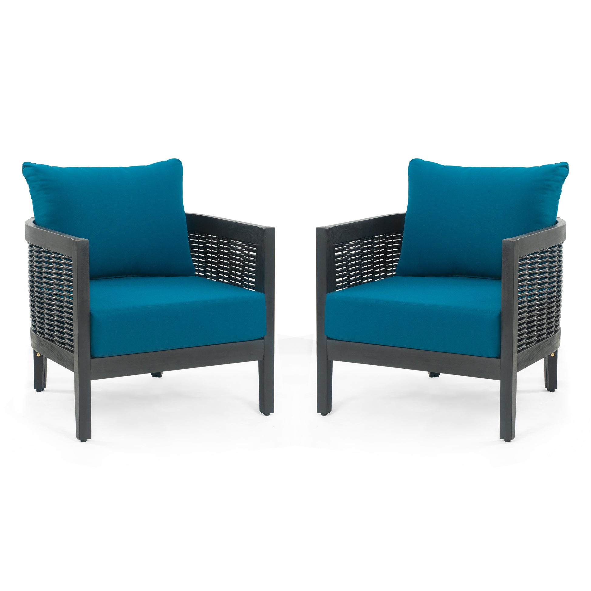 Outdoor Acacia Wood Wicker Club Chair With Cushions,Patio Furniture Conversation Seat For Backyard, Black Polyester Dark Teal Cushion, 27.50" W X 29.50" D X 24.75" H Yes Deep Seating Black,Teal Blue